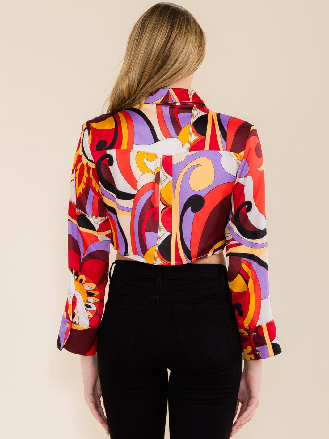 WOMEN'S LONG SLEEVE SHOULDER PADS BUTTON DOWN MULTI PRINT CROP TOP