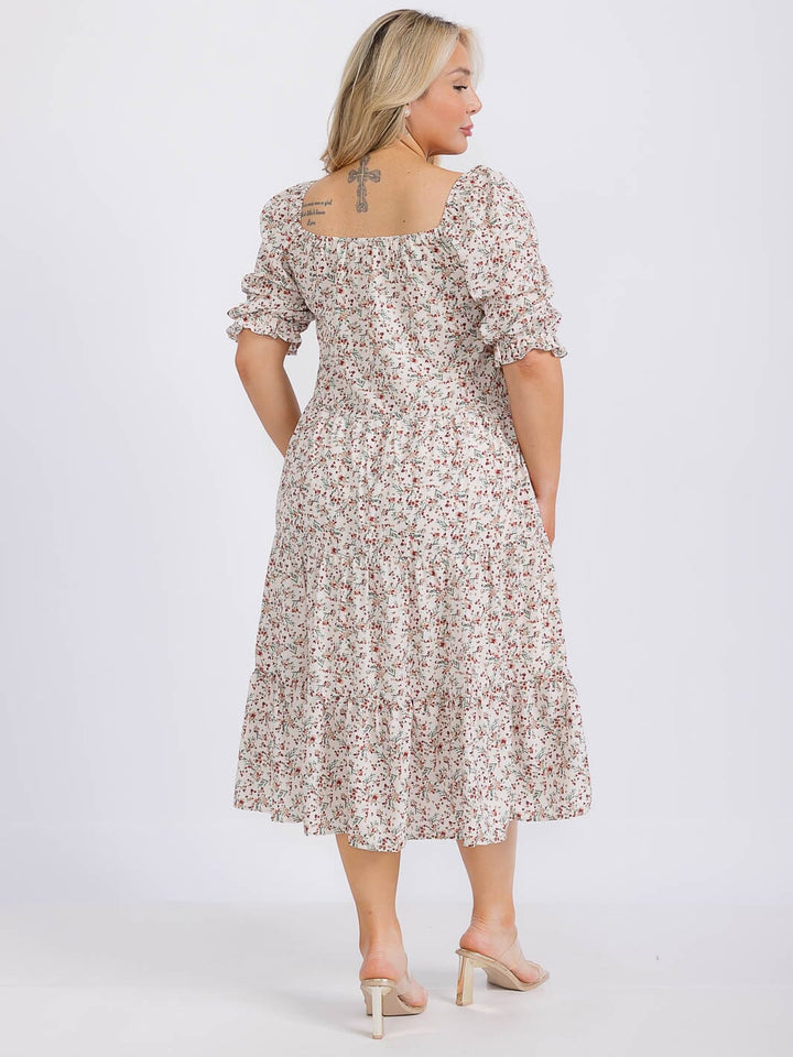 PLUS SIZE SHORT SLEEVE DITSY FLORAL PRINT TIERED MAXI DRESS