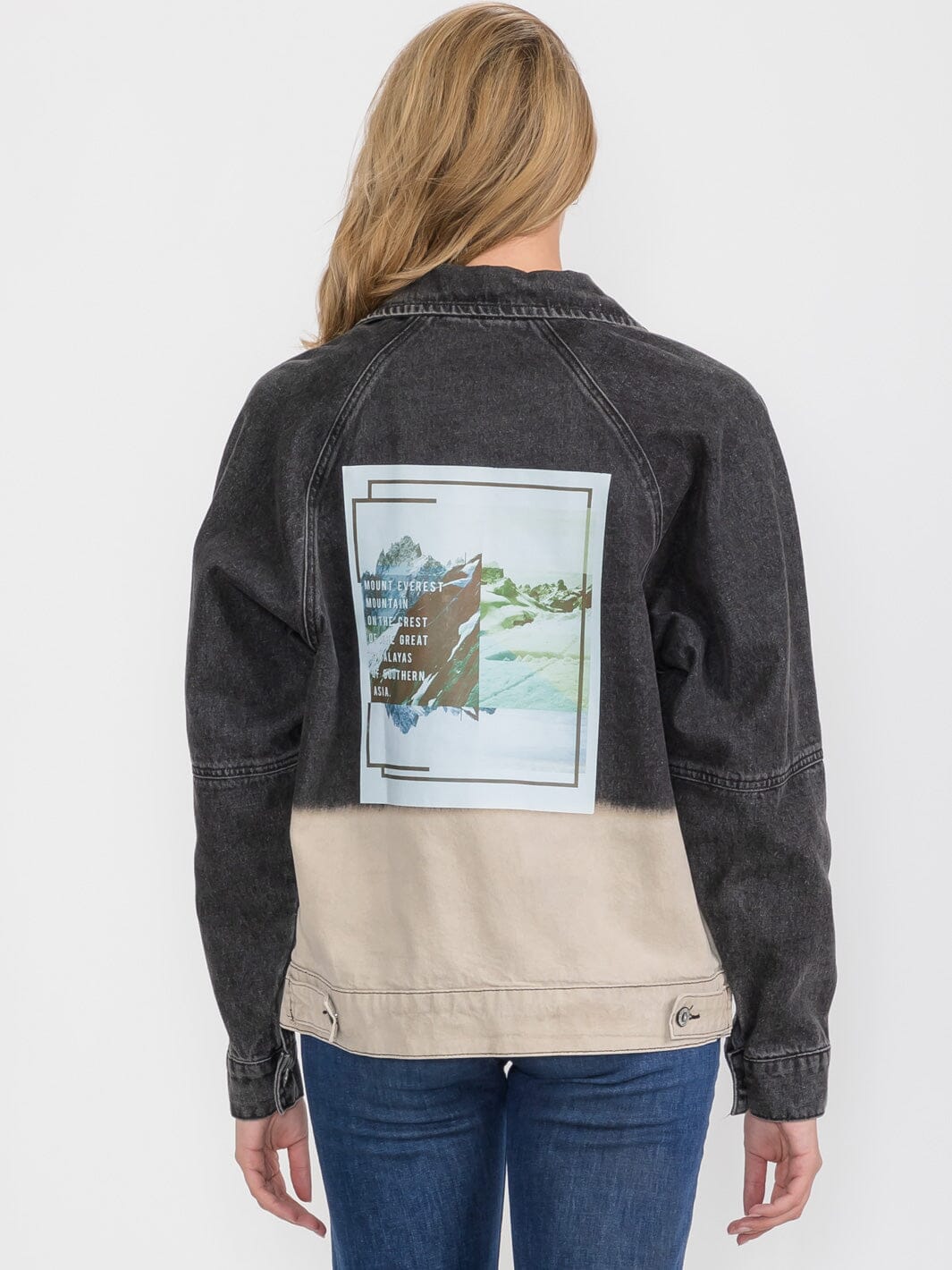 WOMEN'S LONG SLEEVE ZIP UP FRONT POCKETS GRAPHIC COLORBLOCK DENIM JACKET