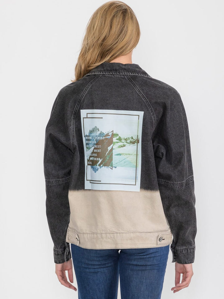 WOMEN'S LONG SLEEVE ZIP UP FRONT POCKETS GRAPHIC COLORBLOCK DENIM JACKET