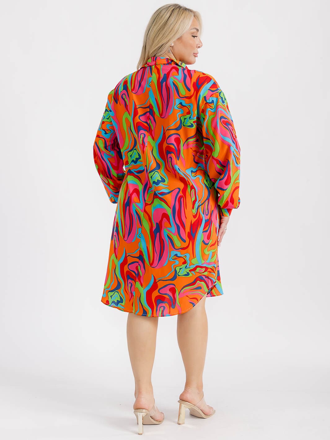 PLUS SIZE LONG SLEEVE BUTTON CLOSURE TUNIC MULTI PRINT MIDI DRESS