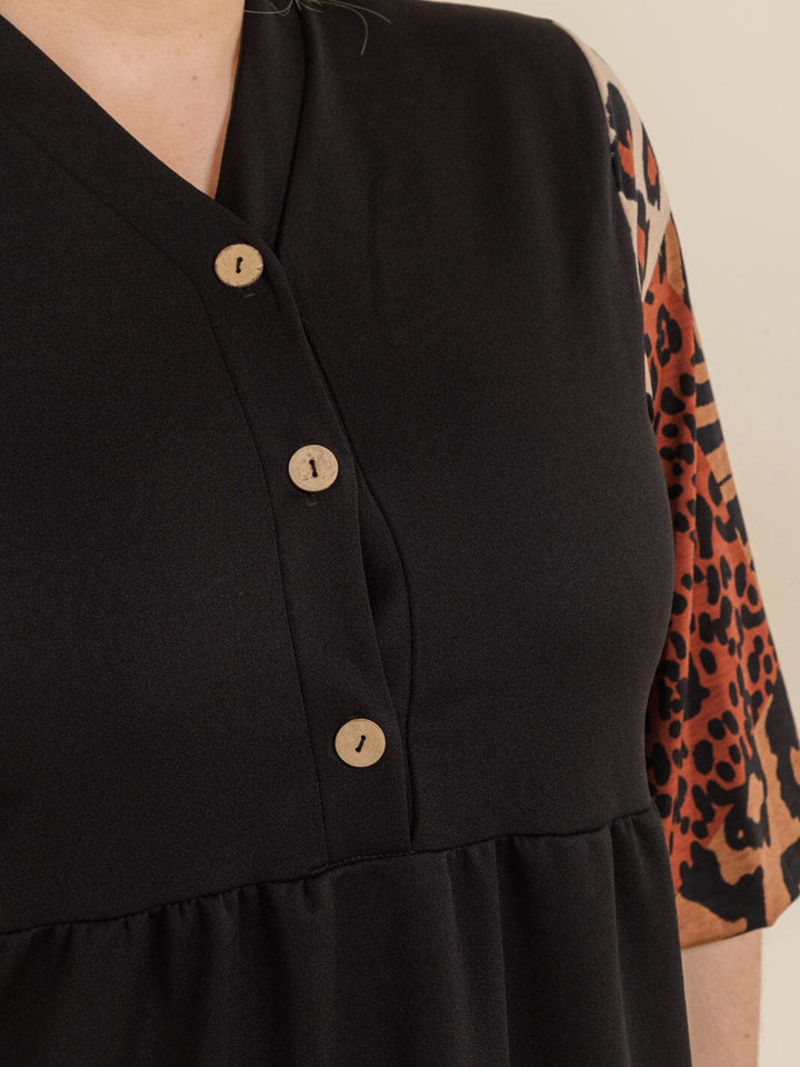 PLUS SIZE 3/4 SLEEVE FRONT POCKETS ANIMAL PRINT COLORBLOCK MAXI DRESS