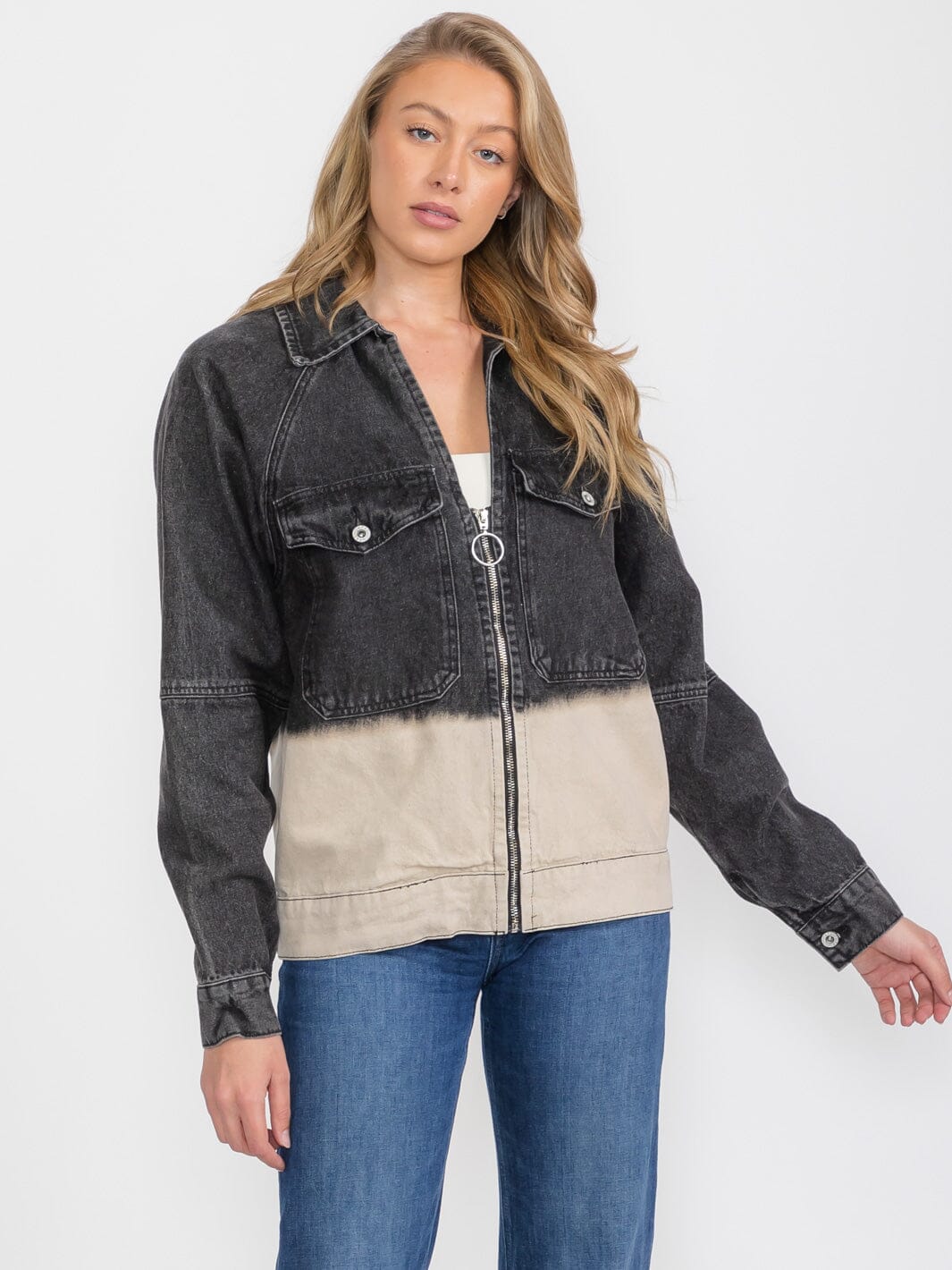 WOMEN'S LONG SLEEVE ZIP UP FRONT POCKETS GRAPHIC COLORBLOCK DENIM JACKET