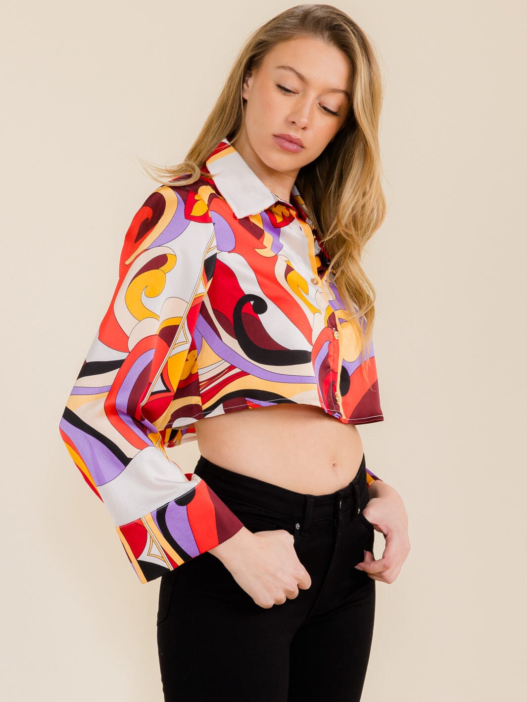 WOMEN'S LONG SLEEVE SHOULDER PADS BUTTON DOWN MULTI PRINT CROP TOP
