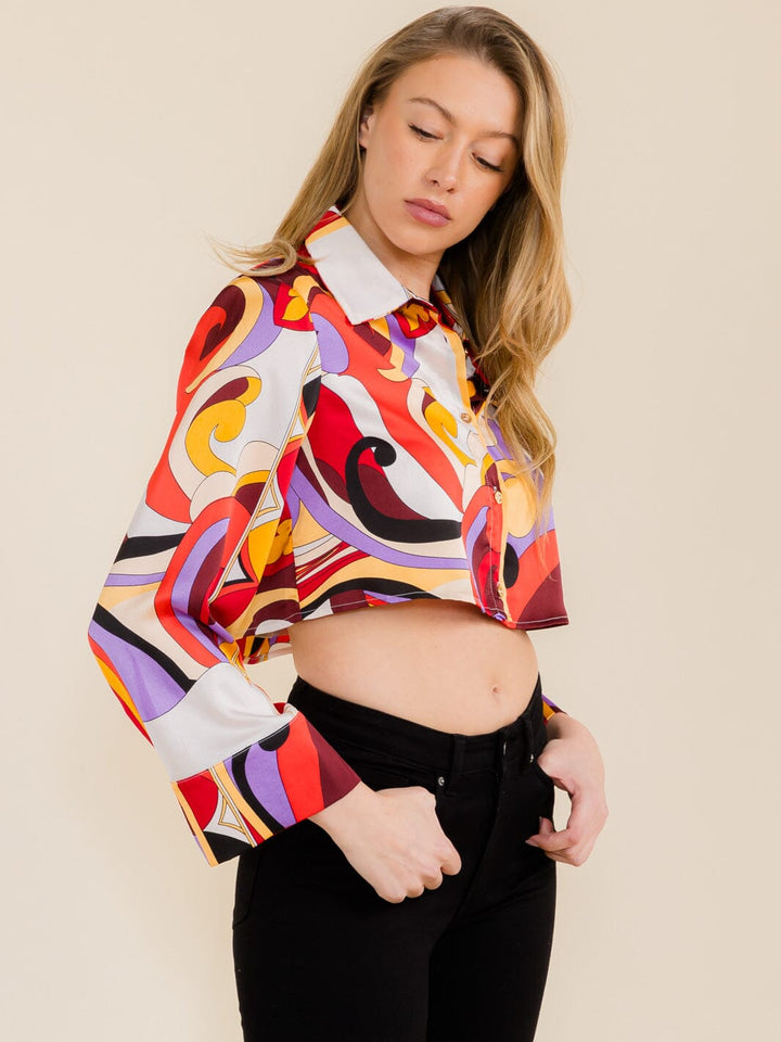 WOMEN'S LONG SLEEVE SHOULDER PADS BUTTON DOWN MULTI PRINT CROP TOP