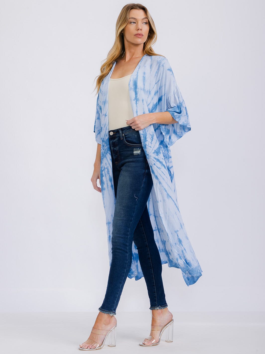 WOMEN'S SHORT SLEEVE OPEN FRONT TIE DYE KIMONO