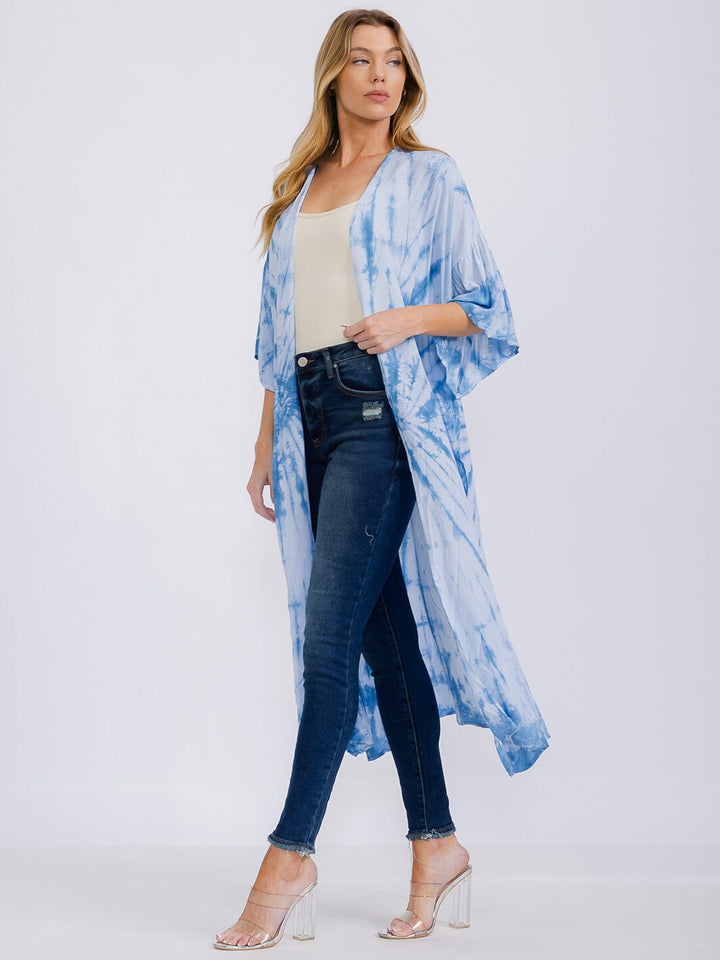 WOMEN'S SHORT SLEEVE OPEN FRONT TIE DYE KIMONO
