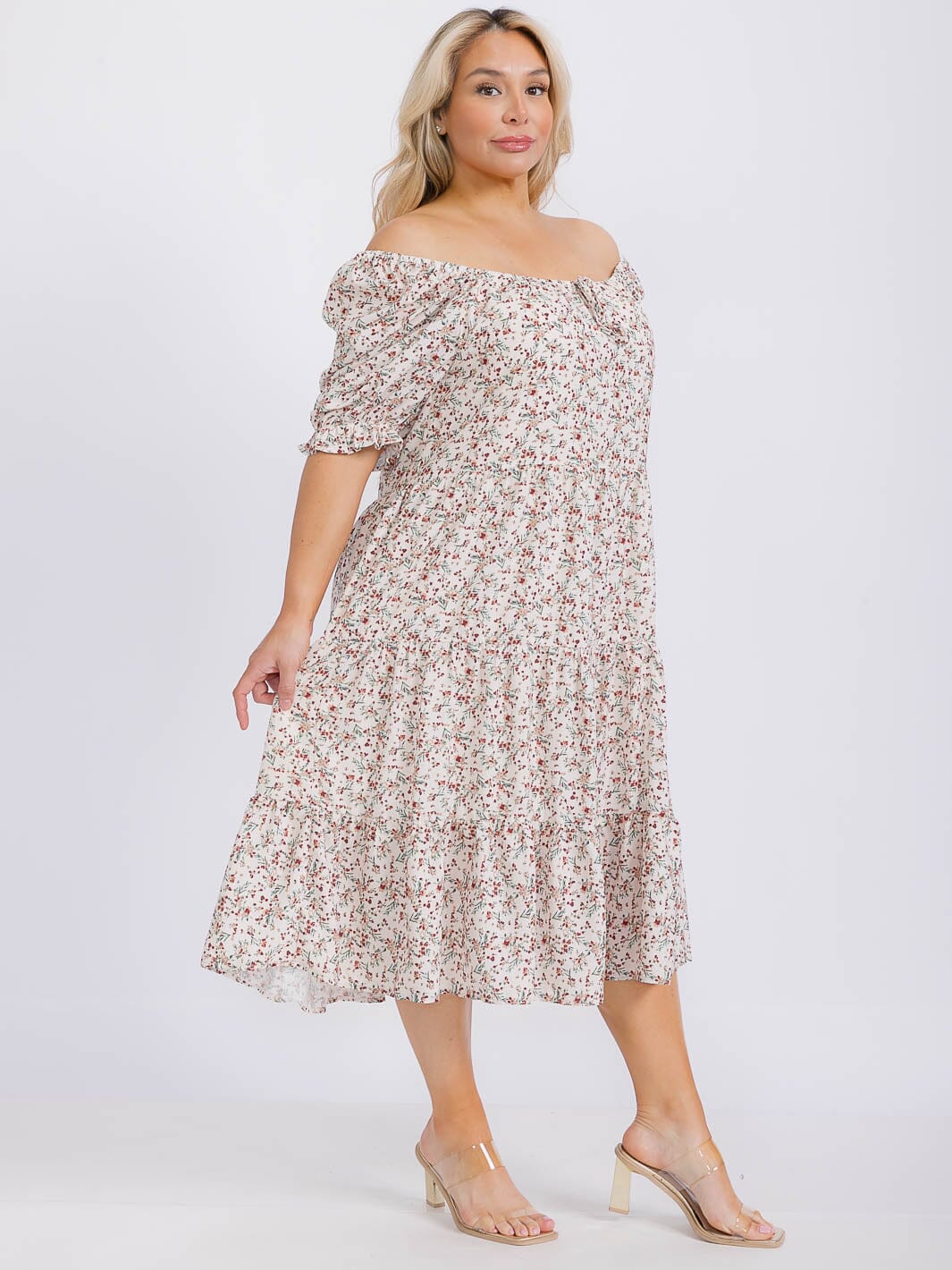 PLUS SIZE SHORT SLEEVE DITSY FLORAL PRINT TIERED MAXI DRESS