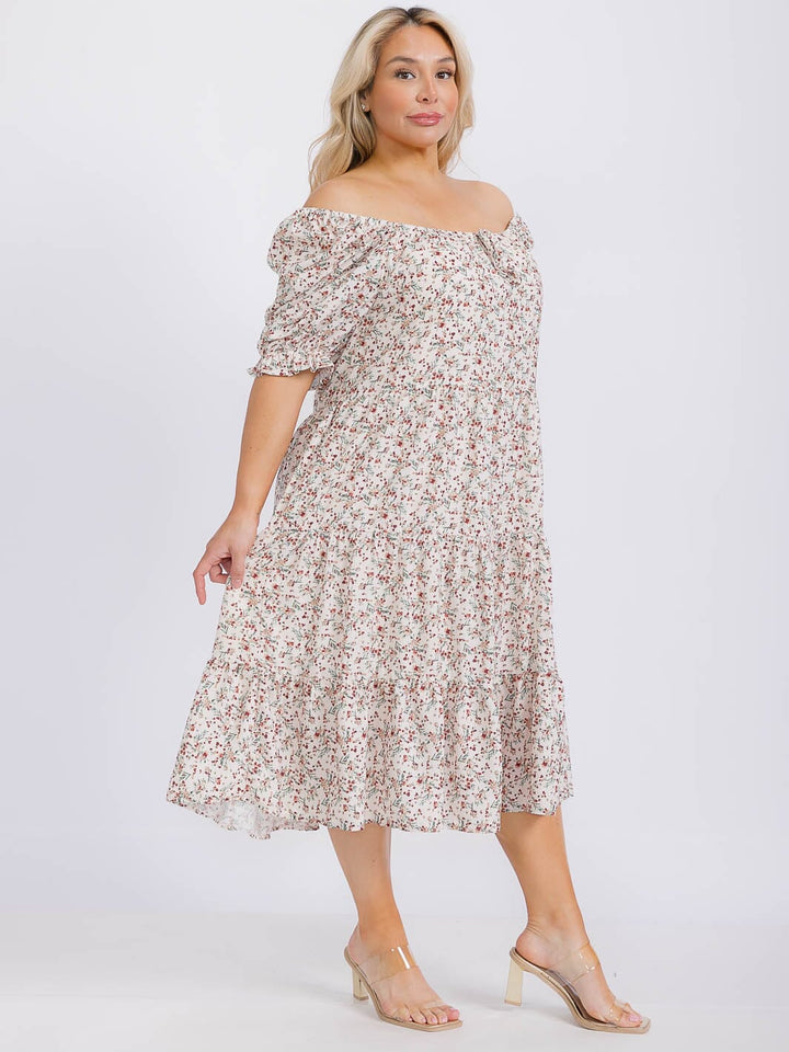 PLUS SIZE SHORT SLEEVE DITSY FLORAL PRINT TIERED MAXI DRESS