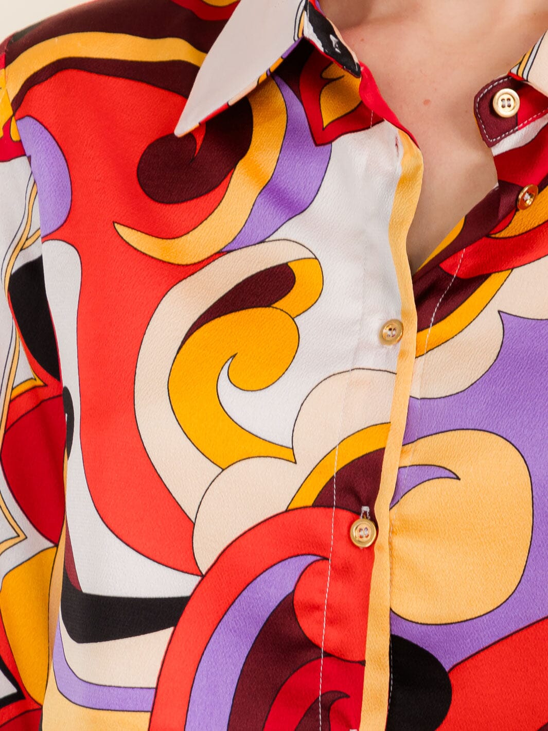 WOMEN'S LONG SLEEVE SHOULDER PADS BUTTON DOWN MULTI PRINT CROP TOP