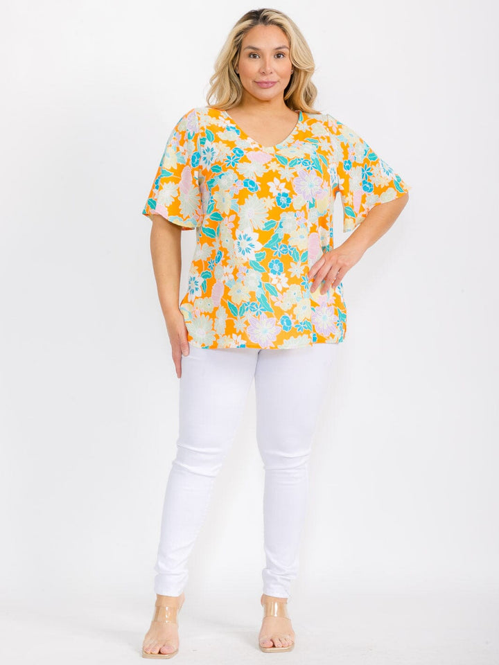 PLUS SIZE SHORT SLEEVE V-NECK FLORAL TUNIC BLOUSE