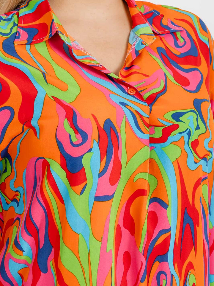 PLUS SIZE LONG SLEEVE BUTTON CLOSURE TUNIC MULTI PRINT MIDI DRESS