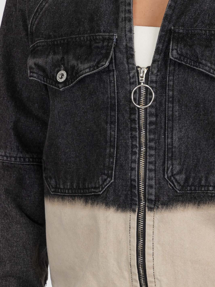 WOMEN'S LONG SLEEVE ZIP UP FRONT POCKETS GRAPHIC COLORBLOCK DENIM JACKET