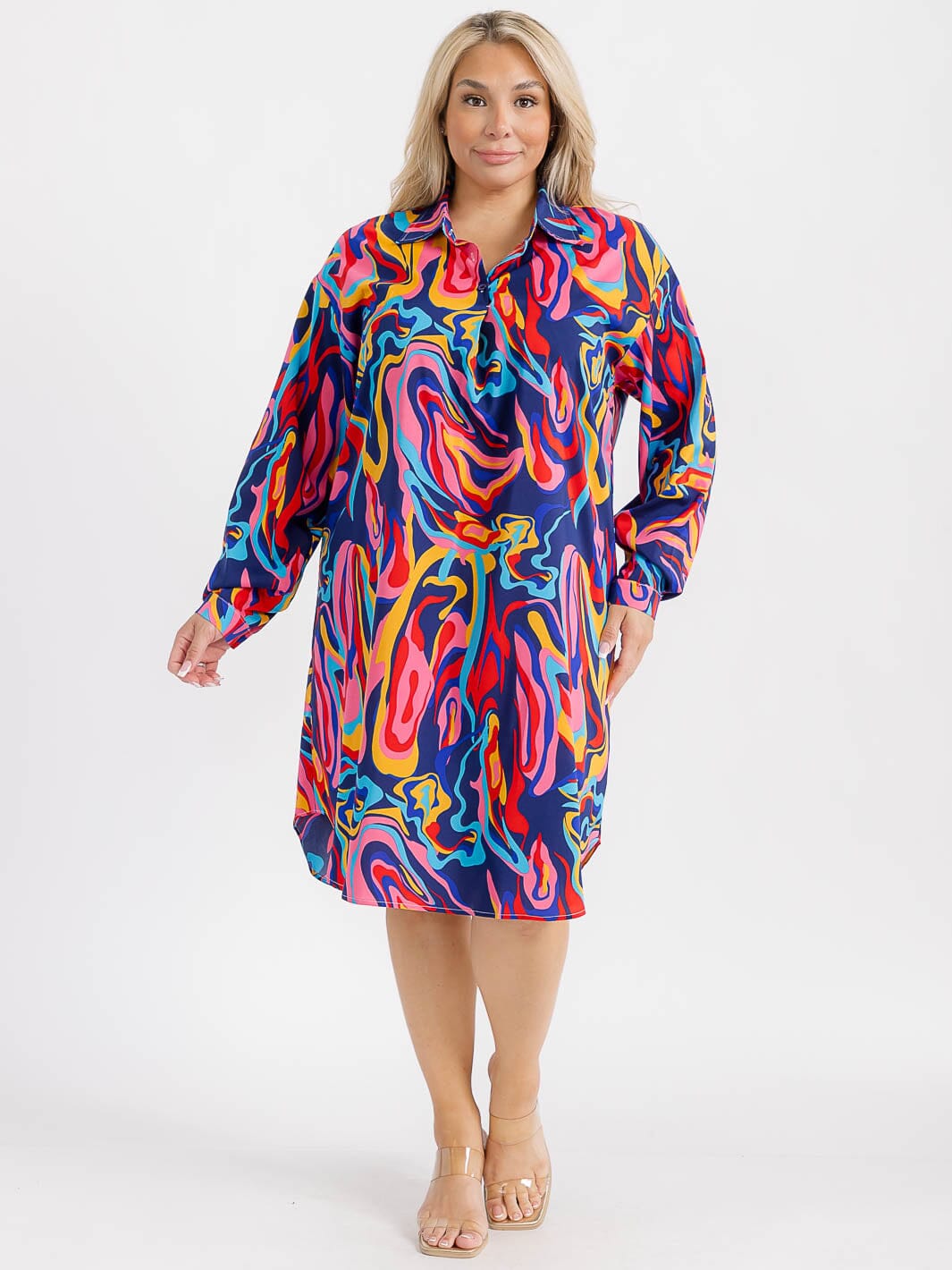 PLUS SIZE LONG SLEEVE BUTTON CLOSURE TUNIC MULTI PRINT MIDI DRESS