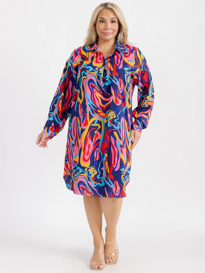 PLUS SIZE LONG SLEEVE BUTTON CLOSURE TUNIC MULTI PRINT MIDI DRESS