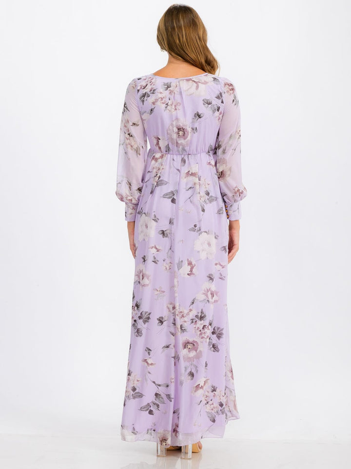 WOMEN'S LONG SLEEVE SURPLICE SELF TIE FLORAL MAXI DRESS