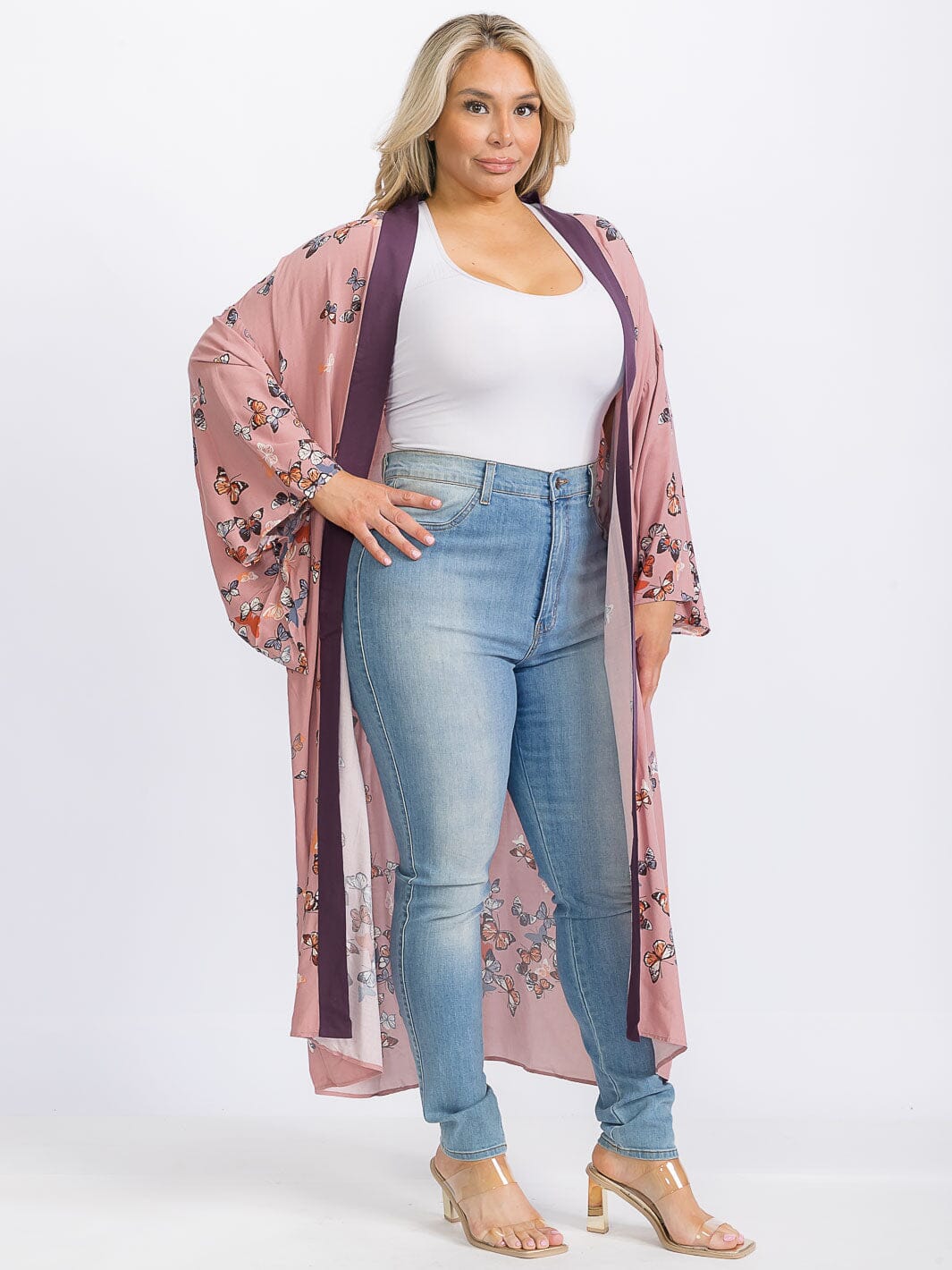PLUS SIZE LONG SLEEVE OPEN FRONT FLORAL KIMONO