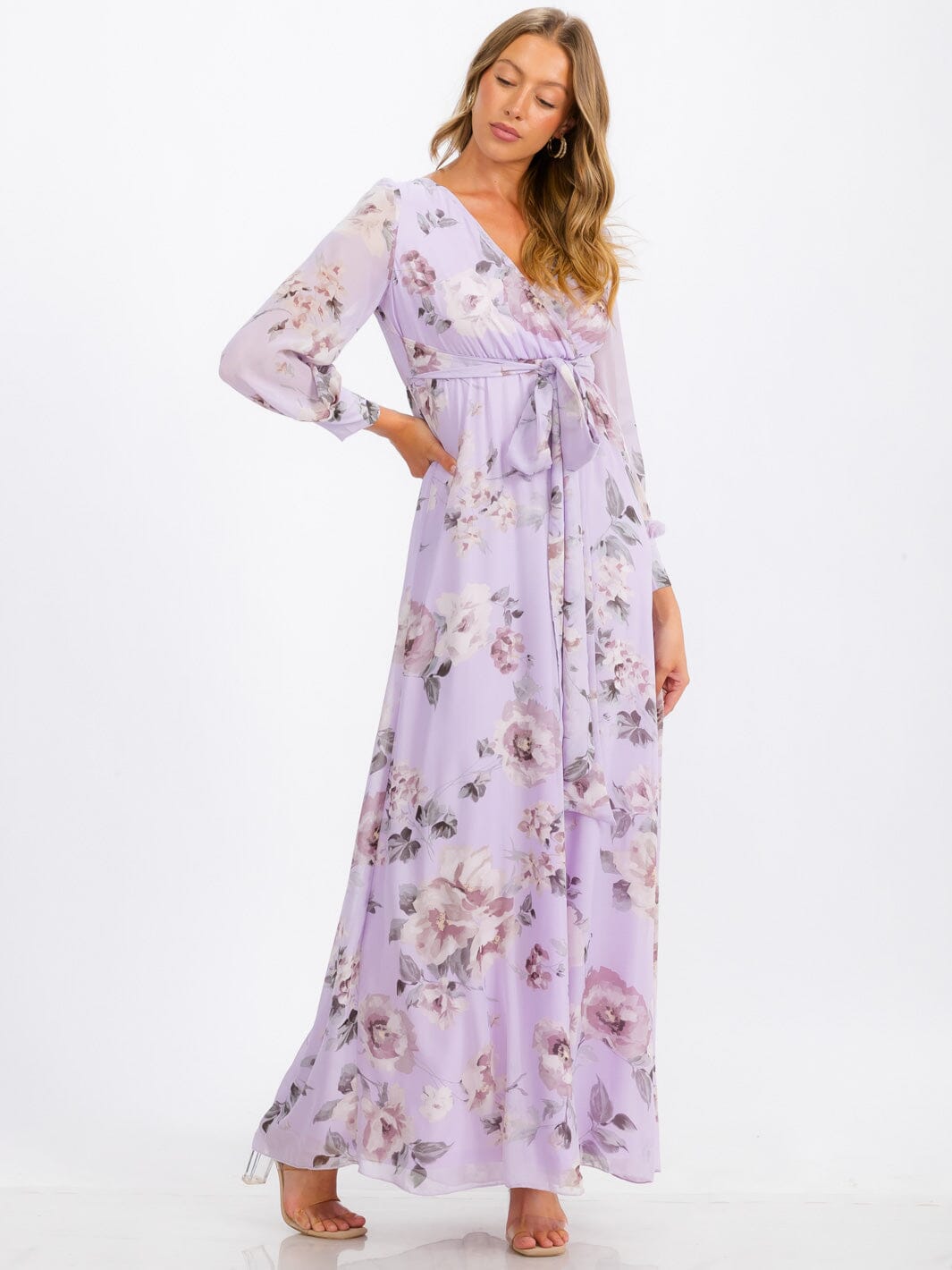 WOMEN'S LONG SLEEVE SURPLICE SELF TIE FLORAL MAXI DRESS