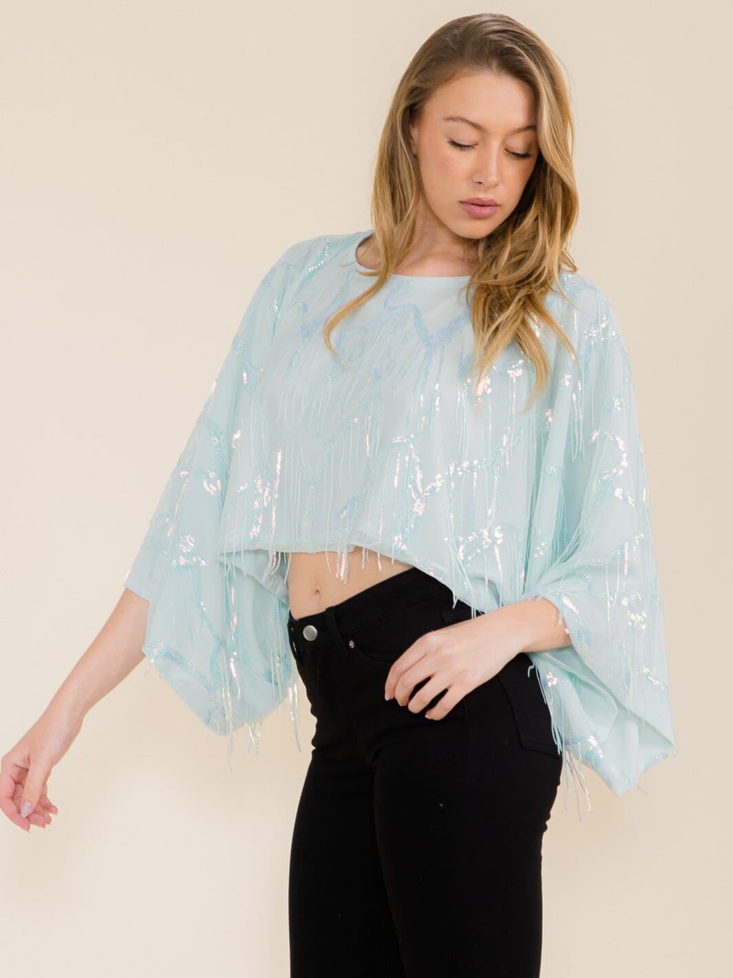 WOMEN'S 3/4 SLEEVE SEQUINS FRINGE CROP TOP