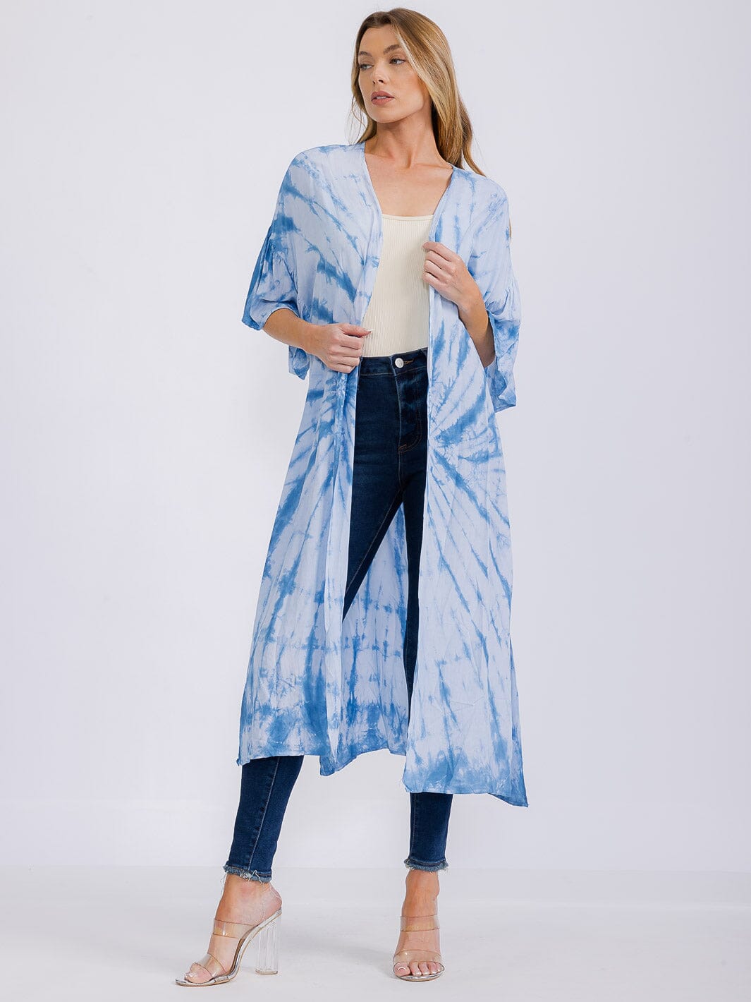 WOMEN'S SHORT SLEEVE OPEN FRONT TIE DYE KIMONO