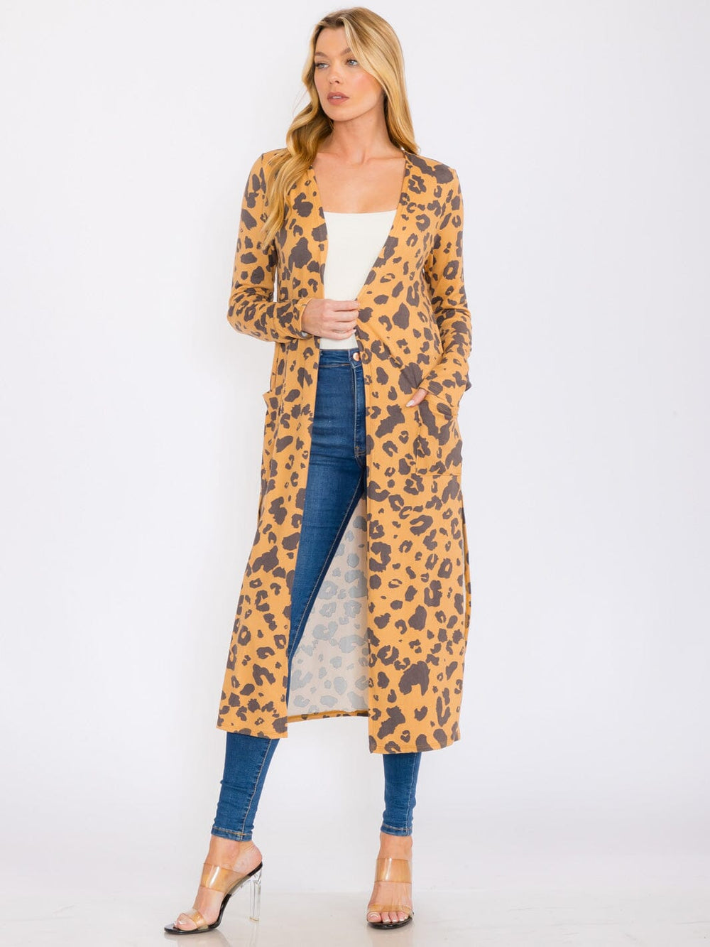 WOMEN'S LONG SLEEVES OPEN FRONT POCKETS ANIMAL PRINT CARDIGAN