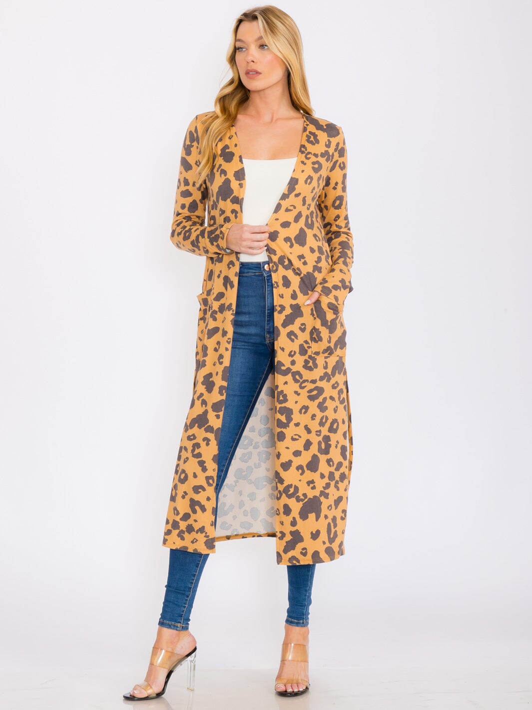 WOMEN'S LONG SLEEVES OPEN FRONT POCKETS ANIMAL PRINT CARDIGAN