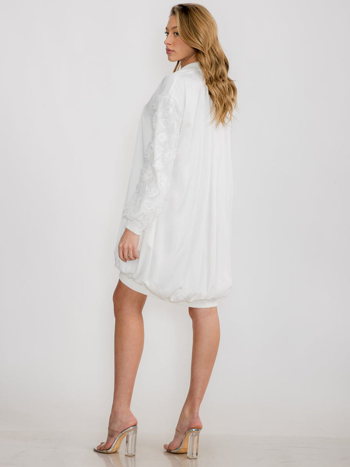 WOMEN'S LONG DETAILED SLEEVE FRONT POCKETS ZIP UP TUNIC MINI DRESS