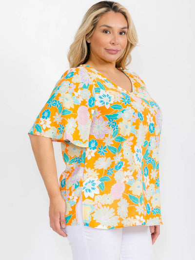 PLUS SIZE SHORT SLEEVE V-NECK FLORAL TUNIC BLOUSE