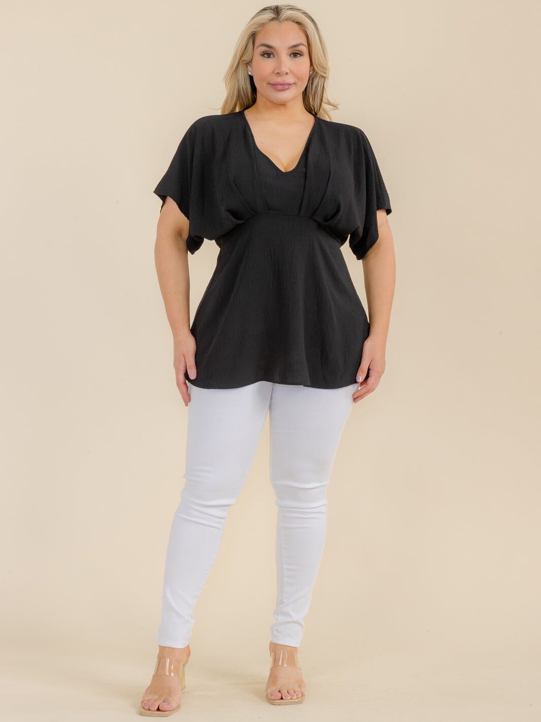 PLUS SIZE SHORT SLEEVE V-NECK PEPLUM TUNIC BLOUSE