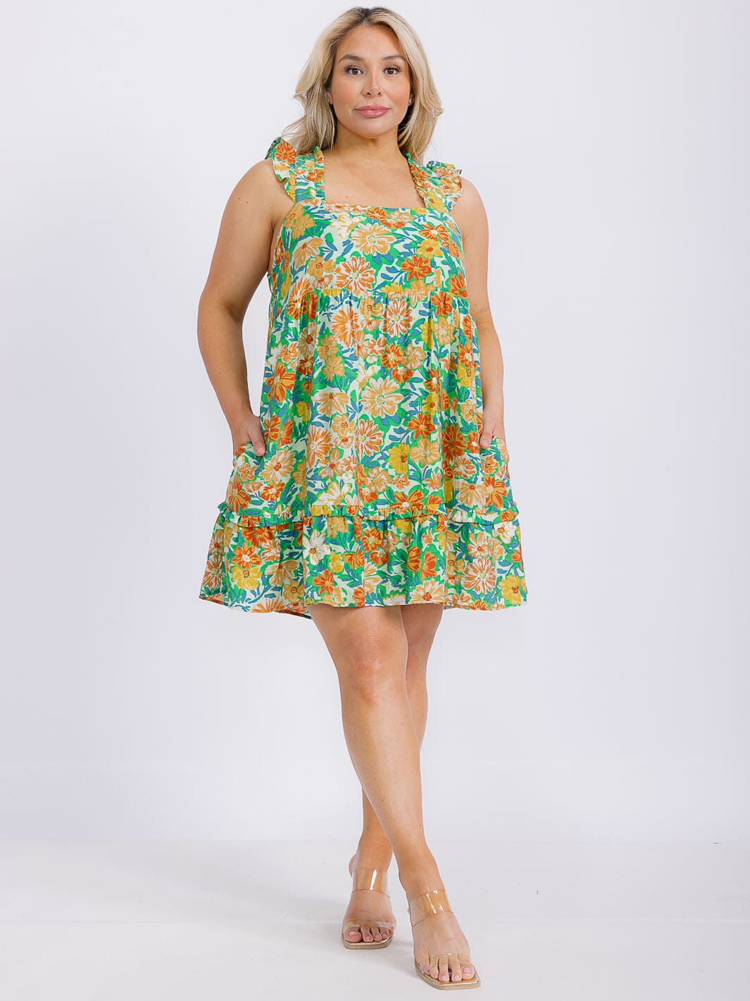 PLUS SIZE SLEEVELESS FRONT POCKETS FLOWER PRINT TUNIC MINI DRESS