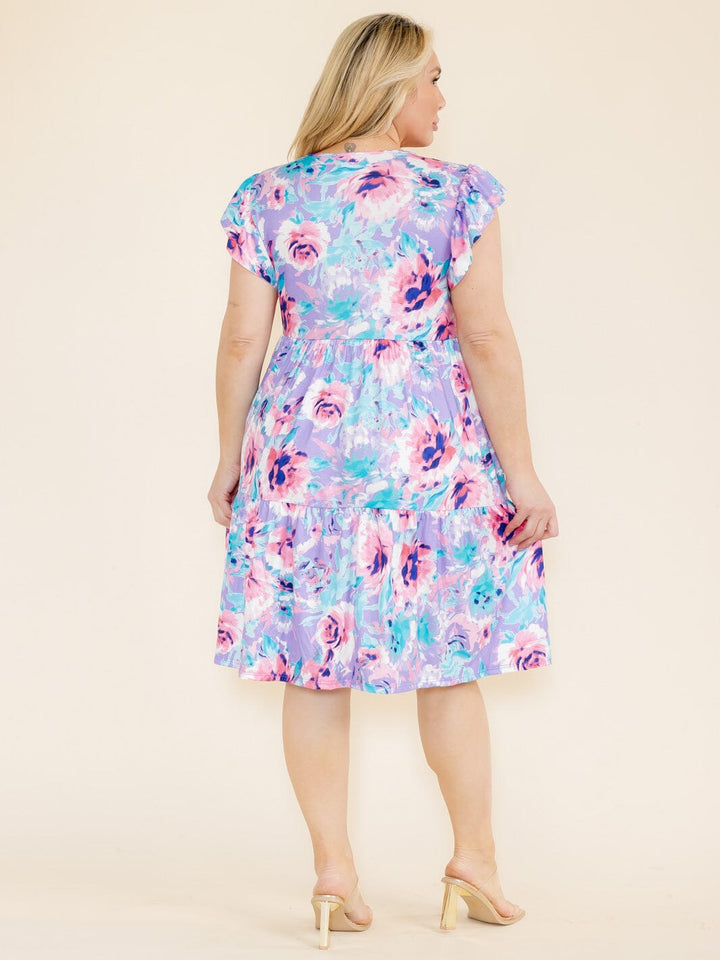 PLUS SIZE RUFFLE SLEEVE FLORAL PRINT TUNIC HIGH-LOW FRONT POCKETS MINI DRESS