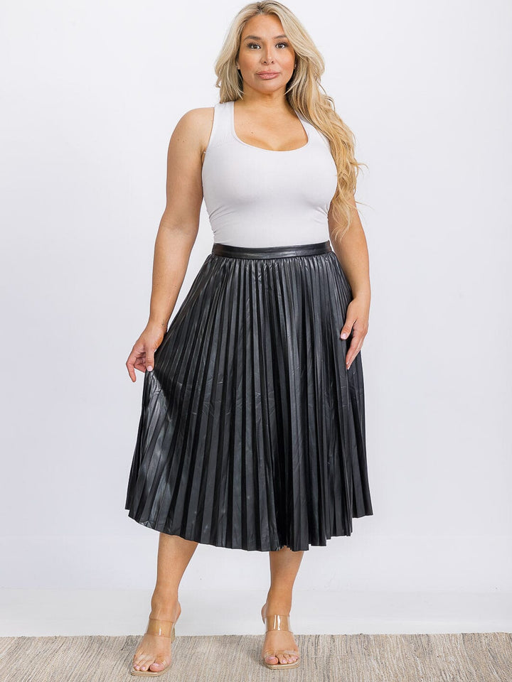 PLUS SIZE ZIP UP PU PLEATHER PLEATED MIDI SKIRT