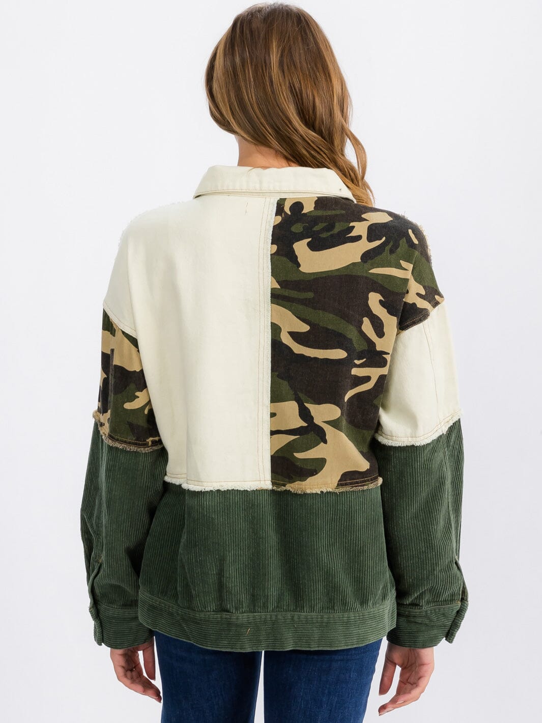 WOMEN'S LONG SLEEVE BUTTON CLOSURE CORDUROY COLORBLOCK DENIMI JACKET