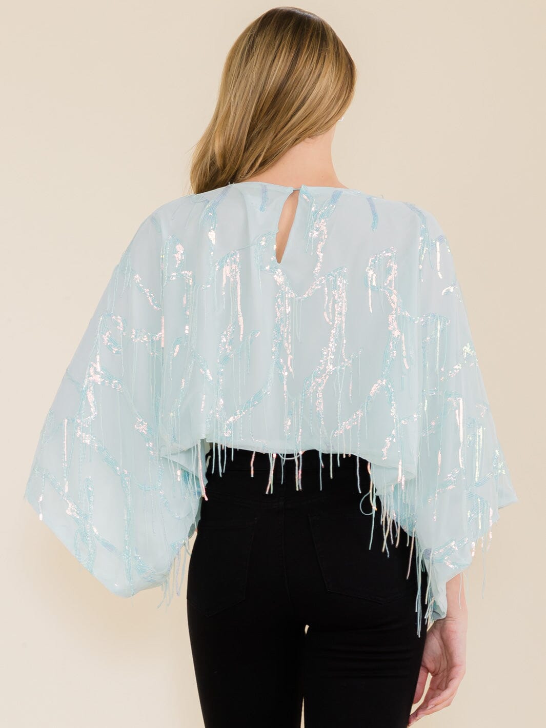WOMEN'S 3/4 SLEEVE SEQUINS FRINGE CROP TOP