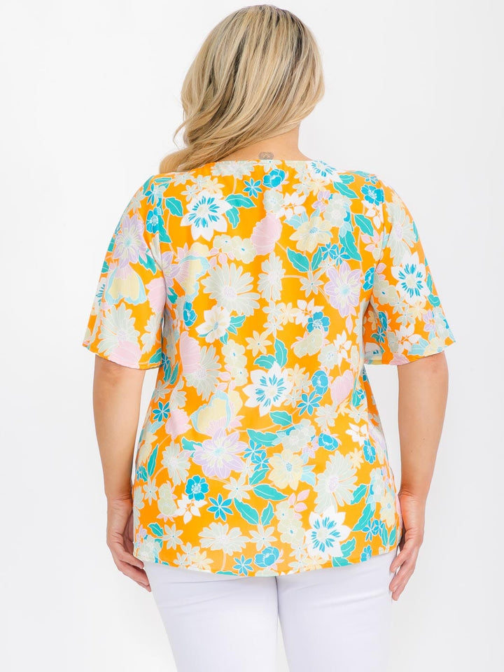 PLUS SIZE SHORT SLEEVE V-NECK FLORAL TUNIC BLOUSE