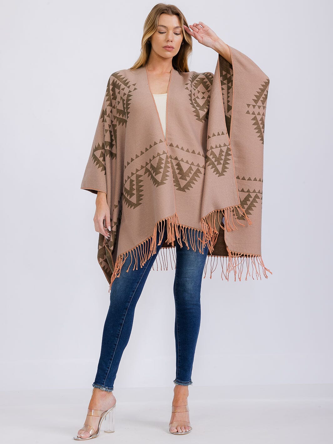 WOMEN'S LONG SLEEVE OPEN FRONT PRINTED PONCHO