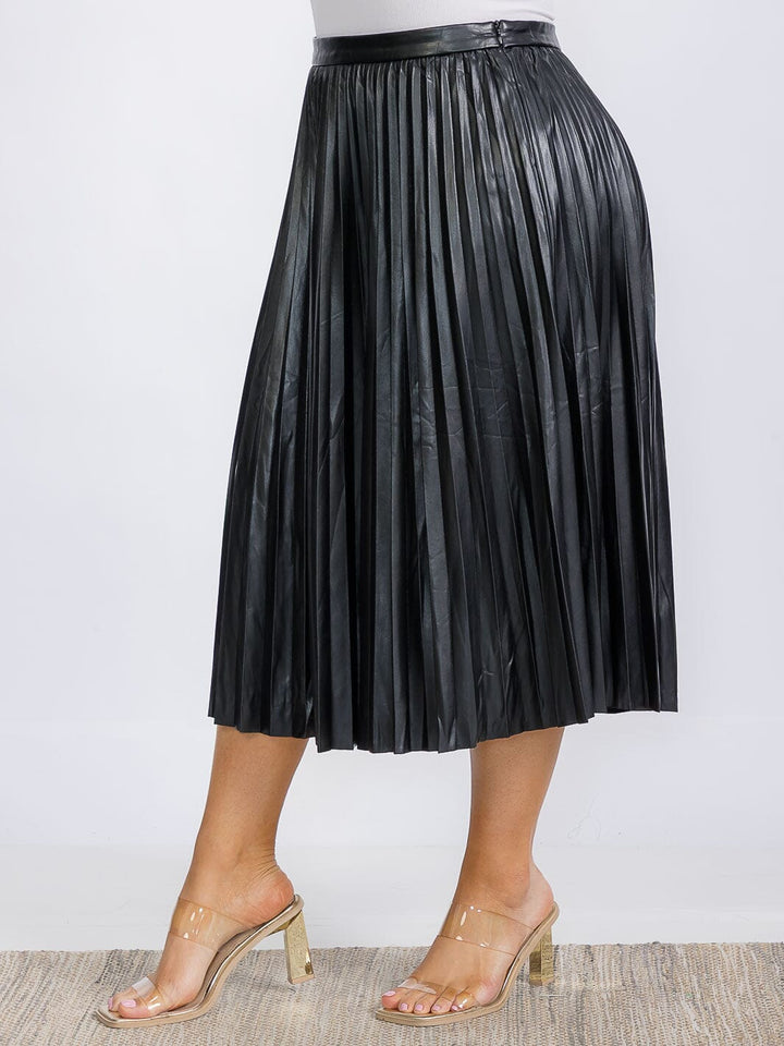 PLUS SIZE ZIP UP PU PLEATHER PLEATED MIDI SKIRT