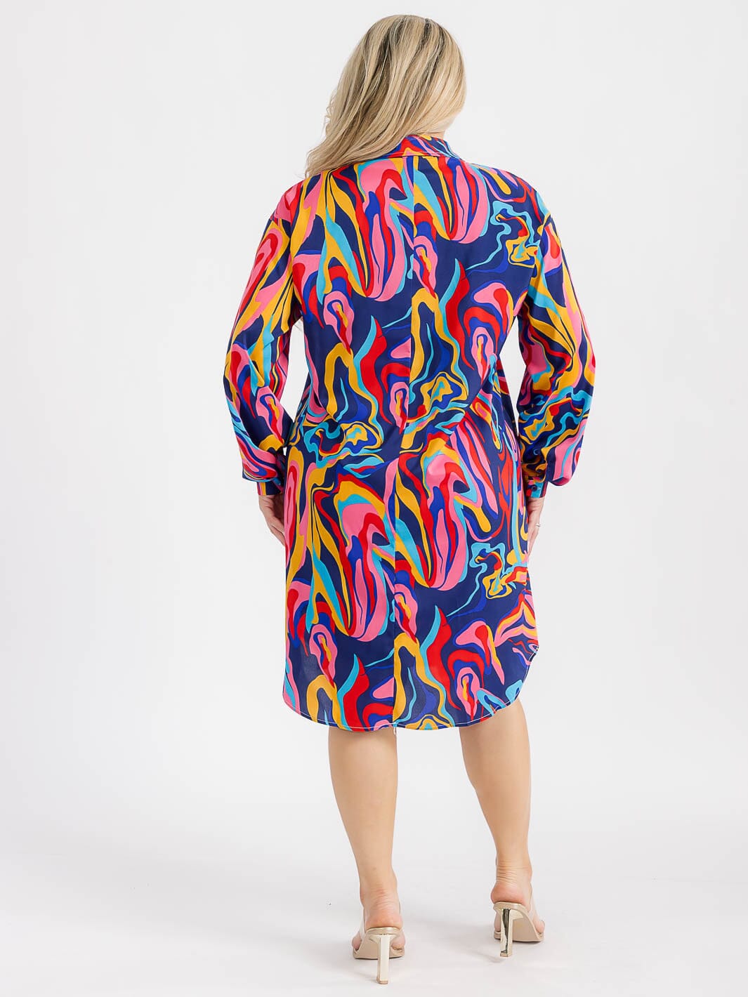 PLUS SIZE LONG SLEEVE BUTTON CLOSURE TUNIC MULTI PRINT MIDI DRESS