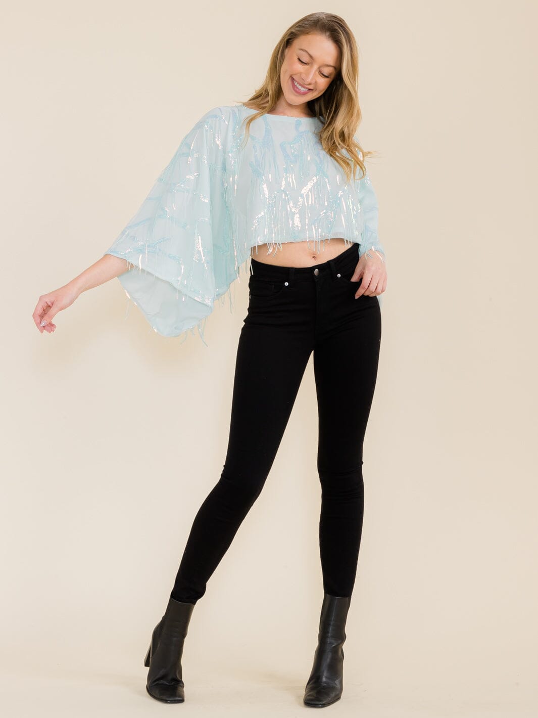 WOMEN'S 3/4 SLEEVE SEQUINS FRINGE CROP TOP