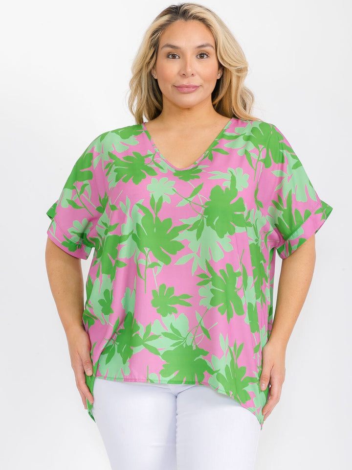 PLUS SIZE SHORT SLEEVE V-NECK FLORAL TUNIC BLOUSE