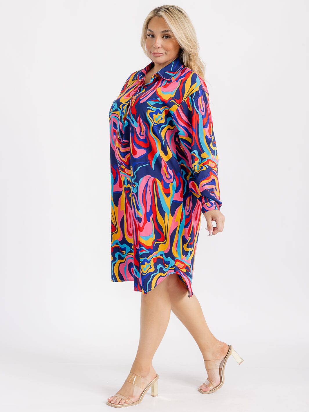 PLUS SIZE LONG SLEEVE BUTTON CLOSURE TUNIC MULTI PRINT MIDI DRESS