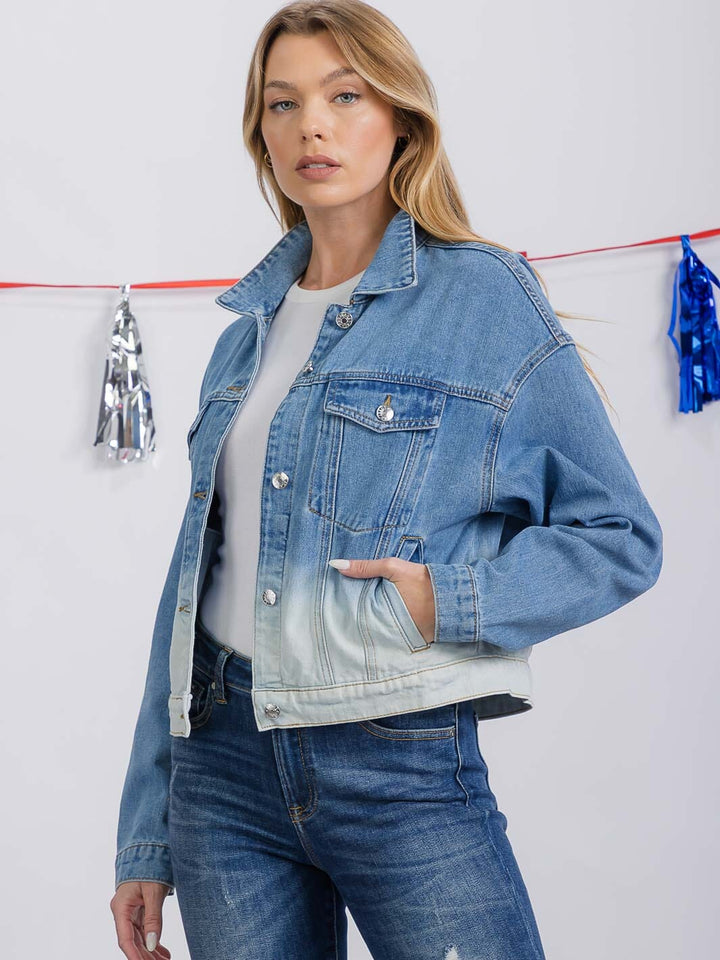 WOMEN'S LONG SLEEVE BUTTON CLOSURE FRONT POCKETS TWO TONE DENIM JACKET
