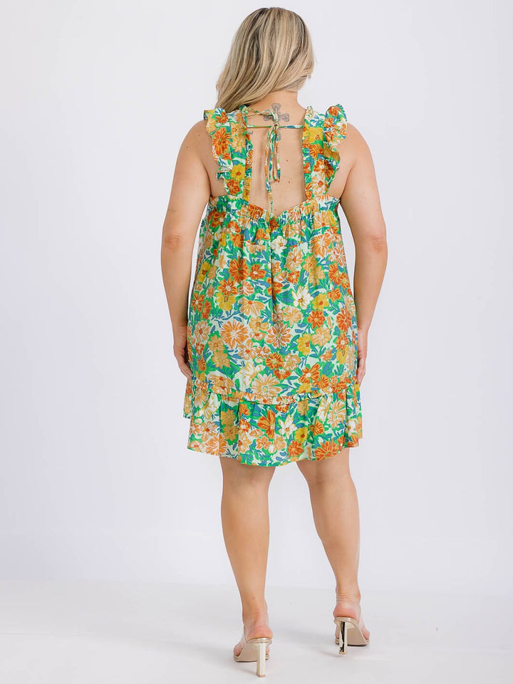 PLUS SIZE SLEEVELESS FRONT POCKETS FLOWER PRINT TUNIC MINI DRESS