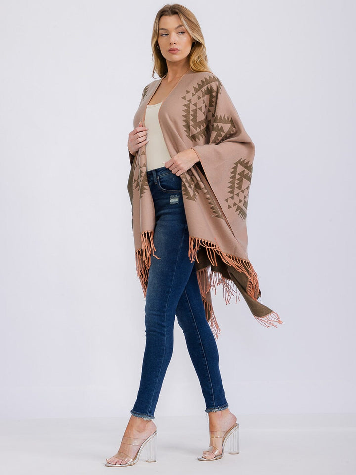 WOMEN'S LONG SLEEVE OPEN FRONT PRINTED PONCHO
