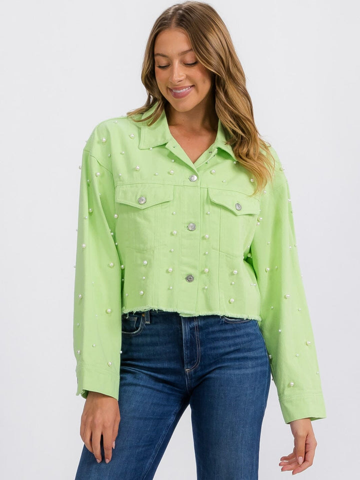 WOMEN'S LONG SLEEVE BUTTON CLOSURE PEARL DETAILED DENIM JACKET