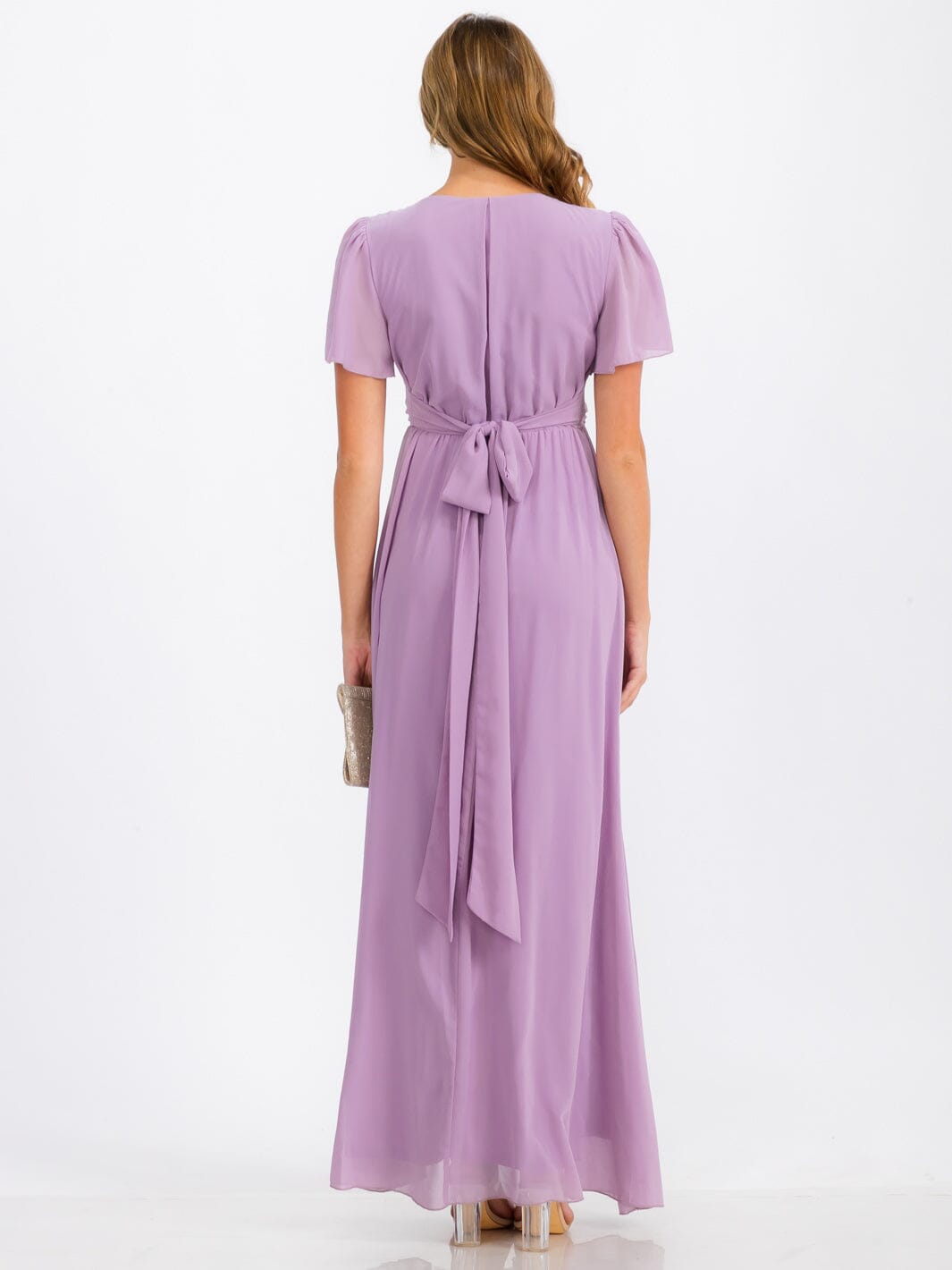 WOMEN'S SHORT SLEEVE SURPLICE SELF TIE MAXI DRESS