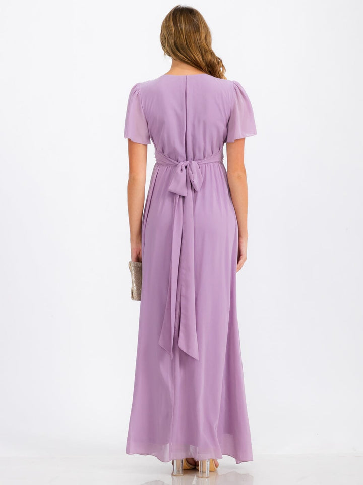 WOMEN'S SHORT SLEEVE SURPLICE SELF TIE MAXI DRESS