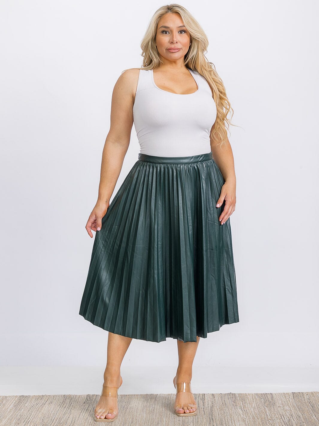 PLUS SIZE ZIP UP PU PLEATHER PLEATED MIDI SKIRT