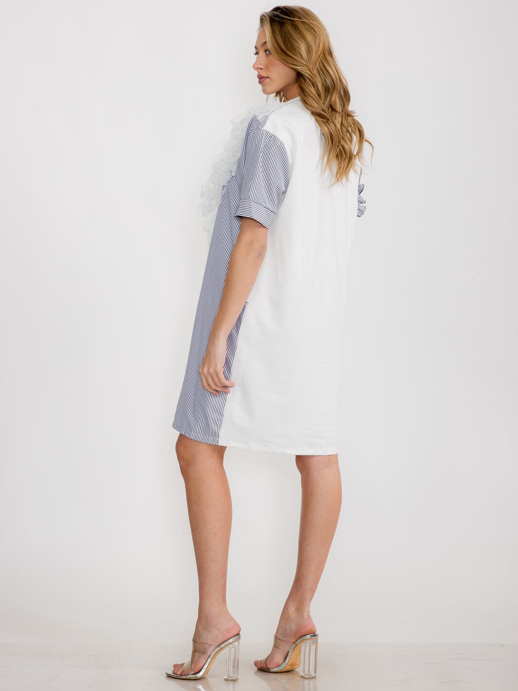 WOMEN'S SHORT SLEEVE RUFFLE COLORBLOCK TUNIC MINI DRESS