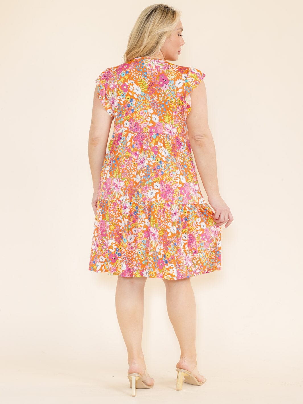PLUS SIZE RUFFLE SLEEVE FLORAL PRINT TUNIC HIGH-LOW FRONT POCKETS MINI DRESS
